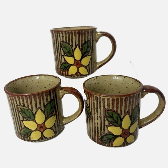 Vintage Otagiri Stoneware Mugs Set Of 3 Speckled Japan Floral Striped Holds 10oz